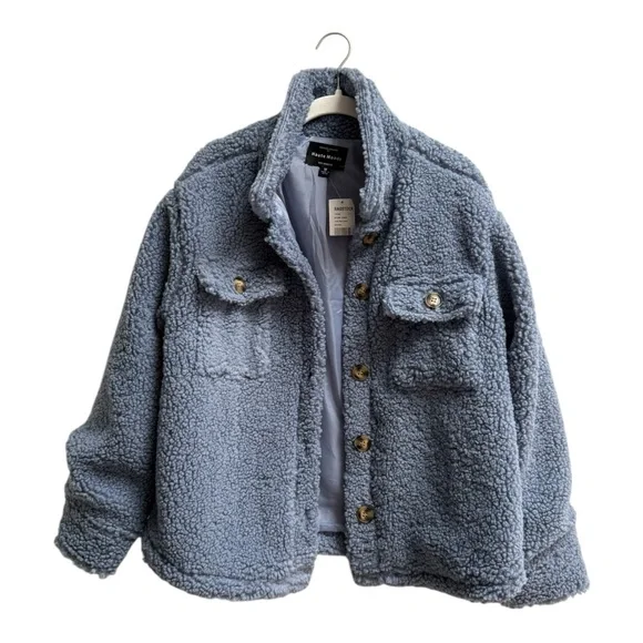 Haute Monde Cozy Blue Teddy Fleece Barn Jacket Button Up Shirt Jacket Sz M NWT - Picture 3 of 16